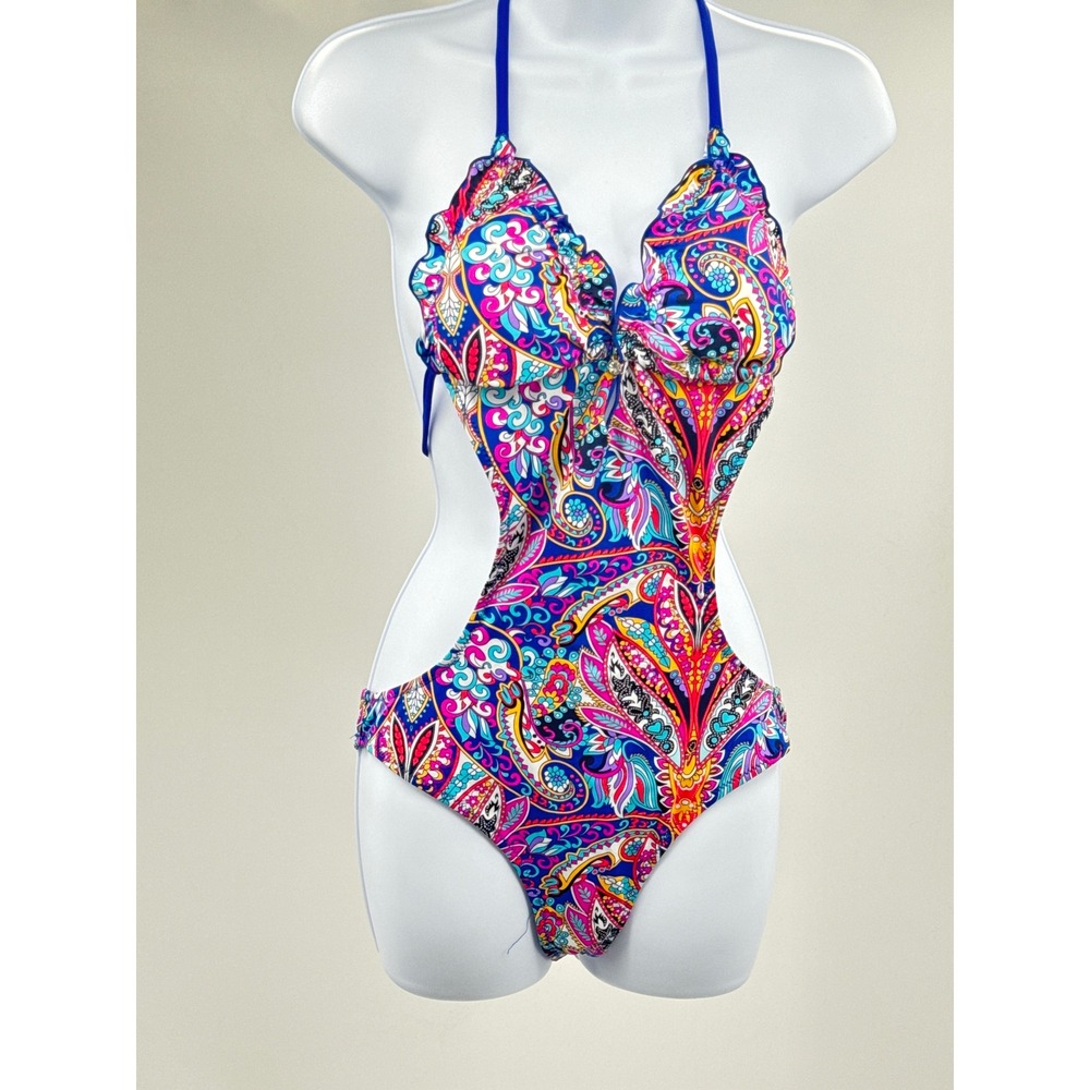 Cacelin Womens Paisley Print Monokini Swimsuit Blue Pink Halter Cutout MS9124 L